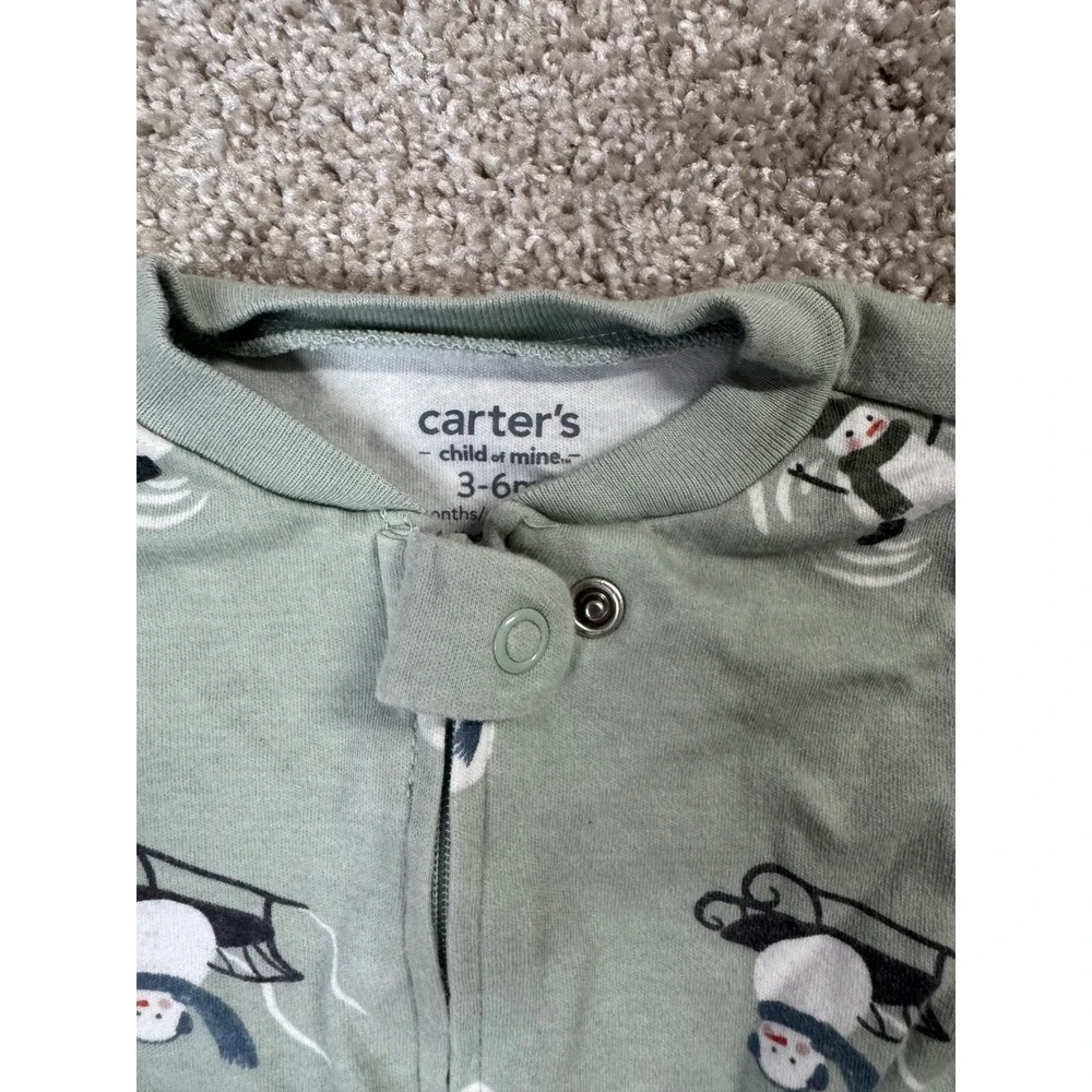 Carters Child of Mine Baby Sage Green Penguin Winter Footed Pajama 3-6 Months